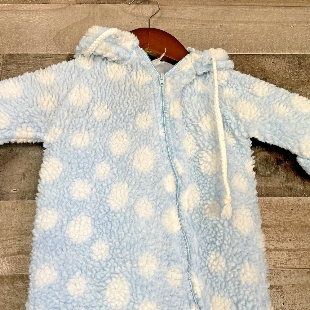 Vintage Gerber‎ Baby Snow Suit Blue White Polka Dot Fuzzy Hooded 6 Months